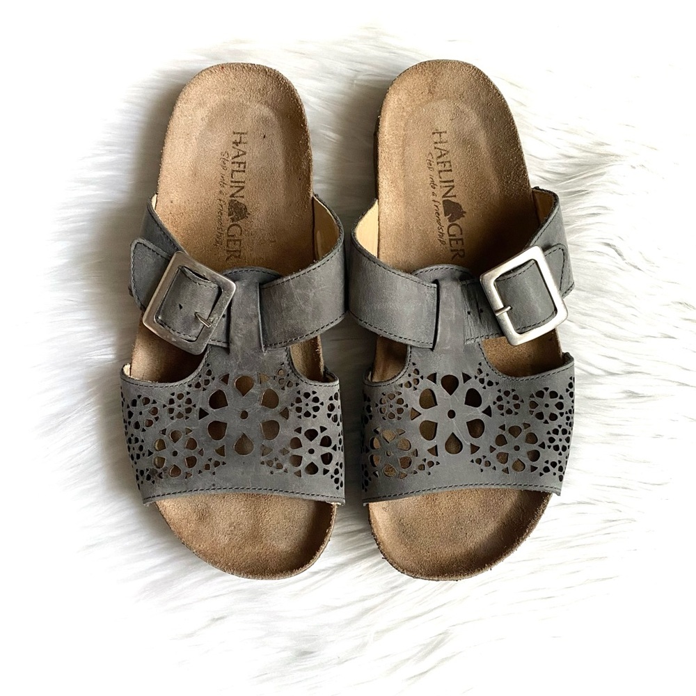 Haflinger Gray Laser-Cut Leather Slide Sandals